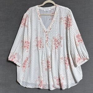 Rose Olive Top 3X White Pink Floral Polka Dot Popover‎ Tunic Flowy Romantic Work
